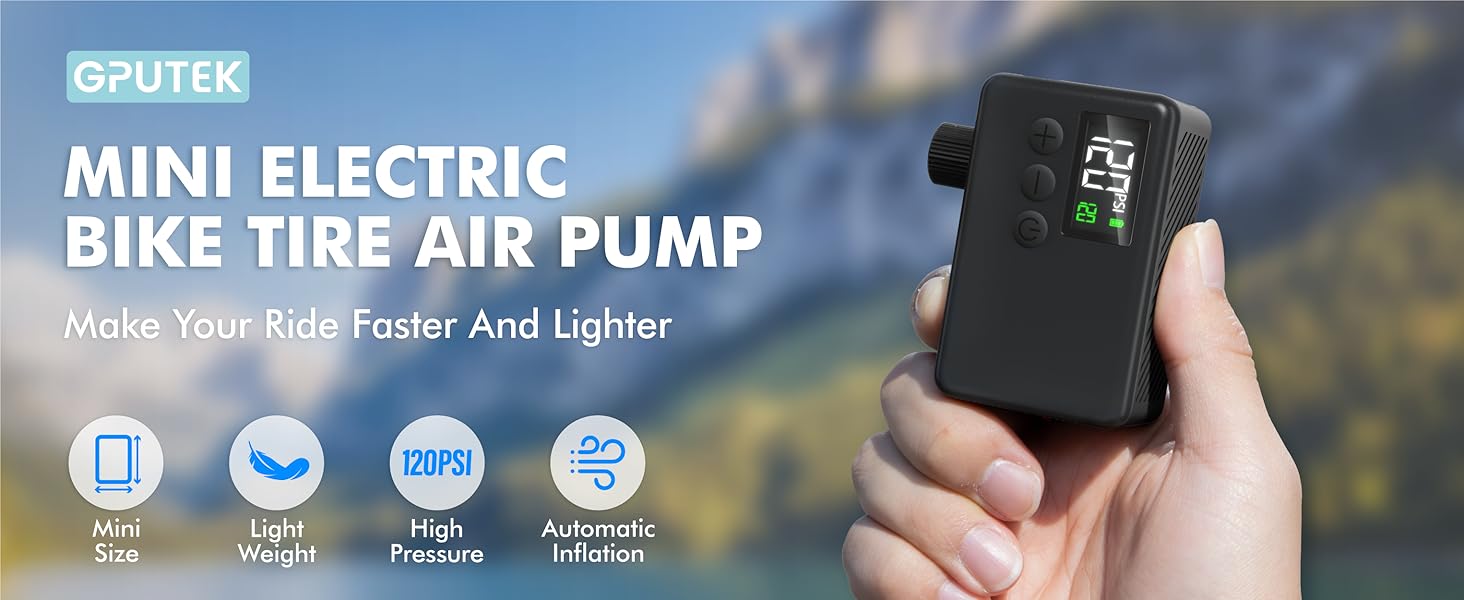 Mini Electric Bike Tire Air Pump with Gauge for Presta Schrader Bicycle Inflator