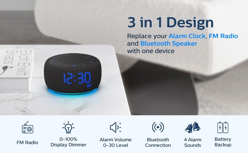 3 in 1, Bluetooth speaker alarm clock with FM Radio