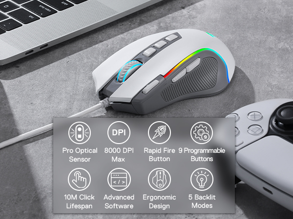 Redragon M612 white wired RGB mouse with 8000 DPI for PC gaming delivers stable precise control