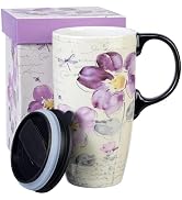 Topadorn Tall Ceramic Travel Mug 17 oz. Coffee Cups Sealed Lid With Color Box (Purple Flower)