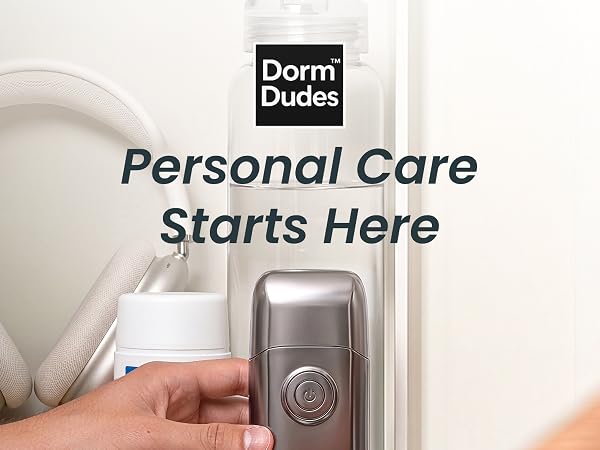 DormDudes electric razor in a bathroom next to deodorant and headphones