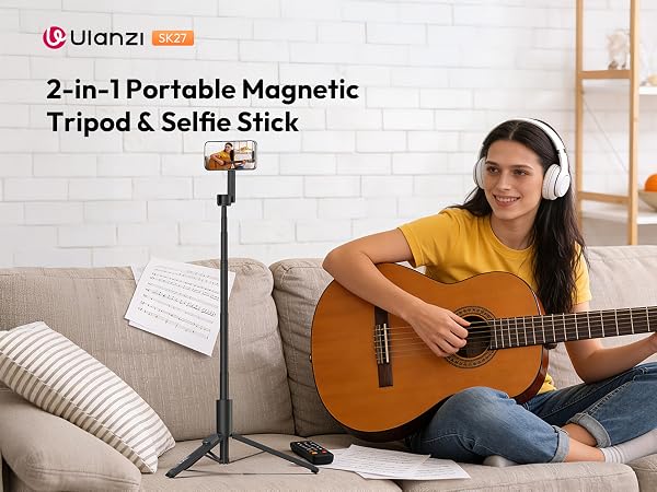 Text reads '2-in-1 Portable Magnetic Tripod &amp; Selfie Stick'. Shows someone playing acoustic guitar in a living room setting.