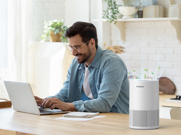 Air purifier beside laptop in work-from-home setup, improving air quality without distracting noise