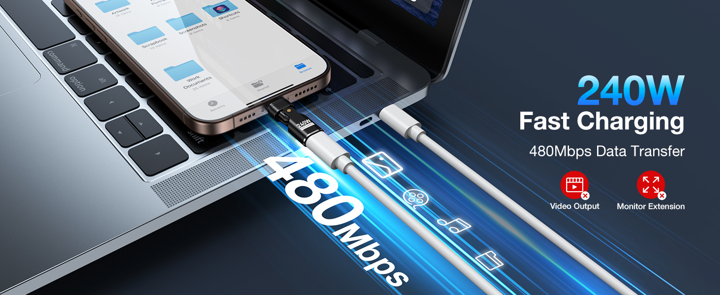 Smartphone connected to laptop via USB-C cable, highlighting 240W fast charging and 480Mbps data transfer capabilities. Icons show video and music transfer functions.