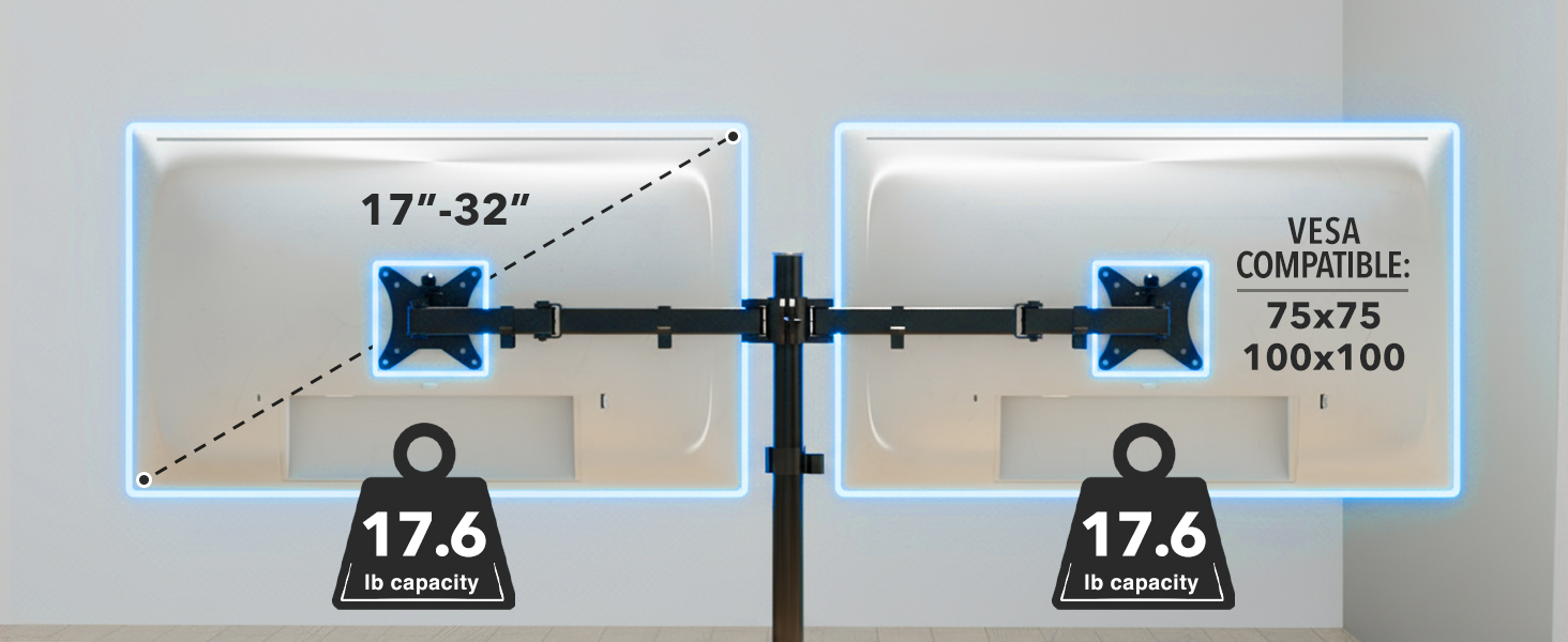 Fits 17–32 in monitors, VESA 75x75/100x100, 17.6 lb per arm on dual pole mount.