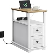 WLIVE End Table with Charging Station, Narrow Side Table for Living Room, Farmhouse Night Stand w...