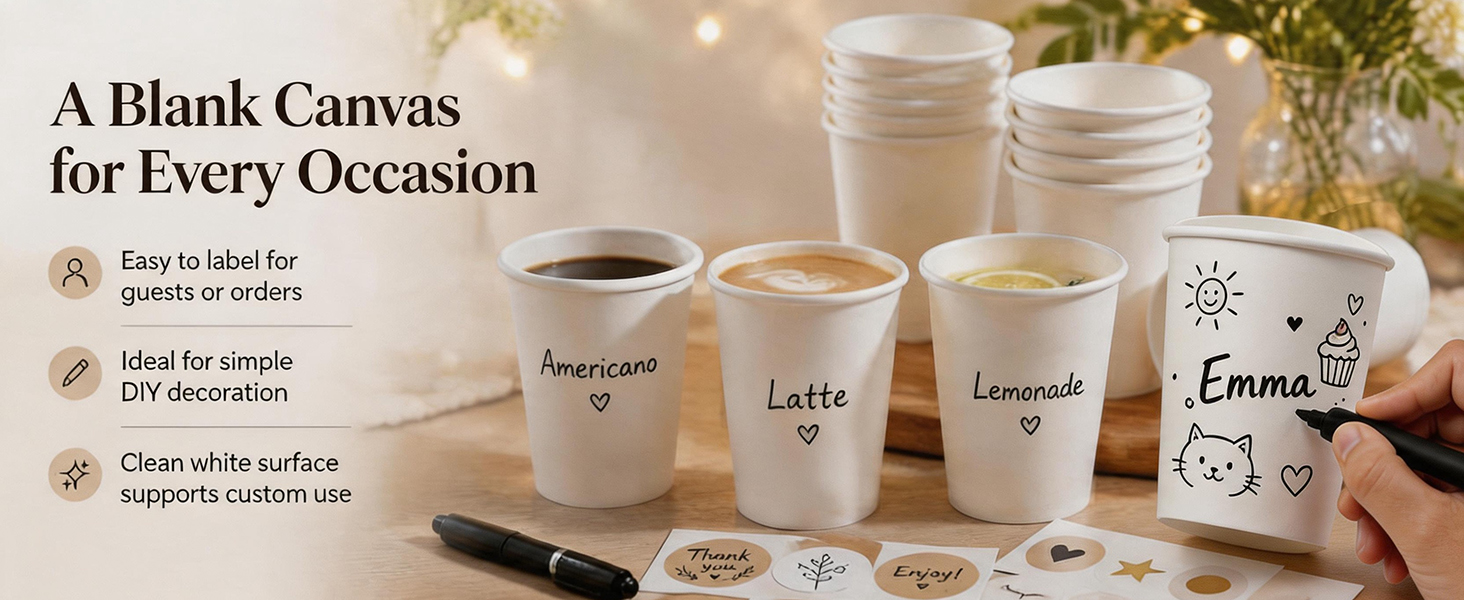 12 oz Disposable Paper Coffee Cups, 100 Count – Leak-Resistant White Cups for Hot &amp; Cold Drinks