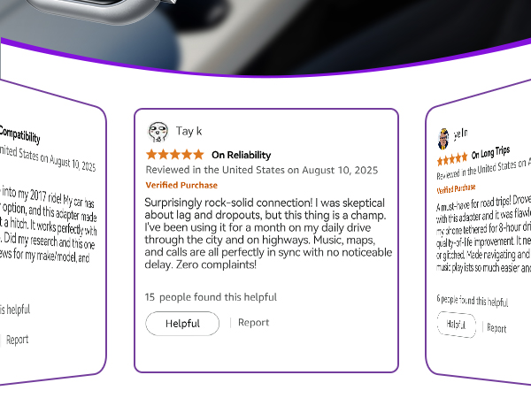 Verified customer feedback showing reliable wireless CarPlay adapter connection with no delay