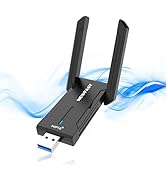 Black USB Wi-Fi adapter with two adjustable antennas. Device has a slim rectangular body and blue LED indicator. Shown with blue wireless signal graphic.
