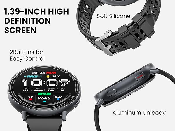 Text reads '1.39-INCH HIGH DEFINITION SCREEN', '2Buttons for Easy Control', 'Soft Silicone', 'Aluminum Unibody'. Smart watch product showcase displaying various angles and interface screens.