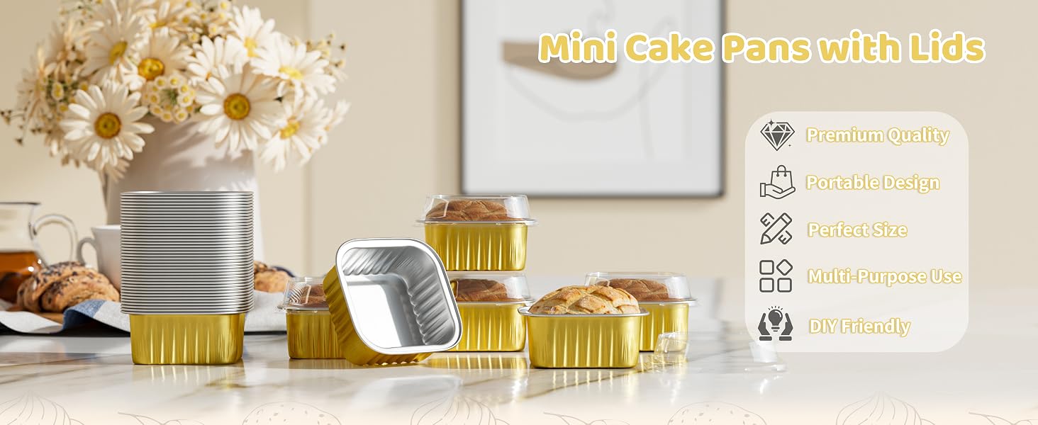 40 Pack Mini Cake Pans with Lids 5oz Square Aluminum Foil Brownie Baking Cups