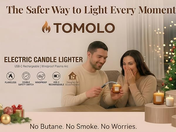 TOMOLO electric candle lighter with USB-C rechargeable plasma arc, flameless and windproof.
