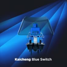 Keyboard with blue switches for tactile feedback and audible clicks during gaming.