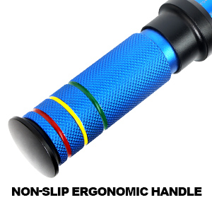 Text reads 'NON-SLIP ERGONOMIC HANDLE'. Close-up of a blue textured grip handle with black end caps and decorative striped rings.