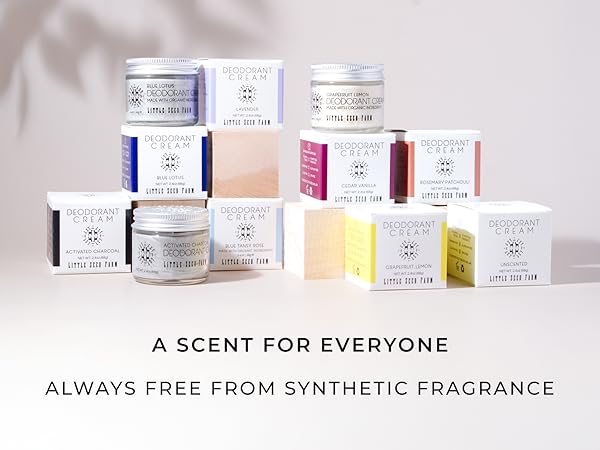 Assorted jars and boxes of Little Seed Farm deodorant cream in various scents