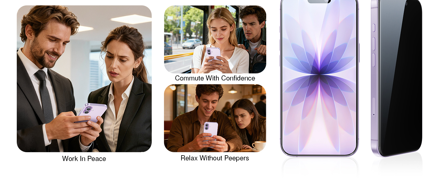 Series of product demonstration images showing smartphone screen transitions with purple gradient effect and various UI interaction scenes.