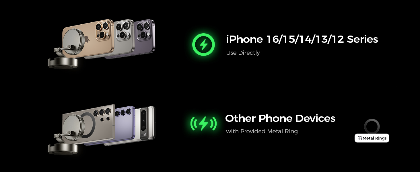 iPhone 16/15/14/13/12 Series Use Directly; Other Phone Devices with Provided Metal Ring