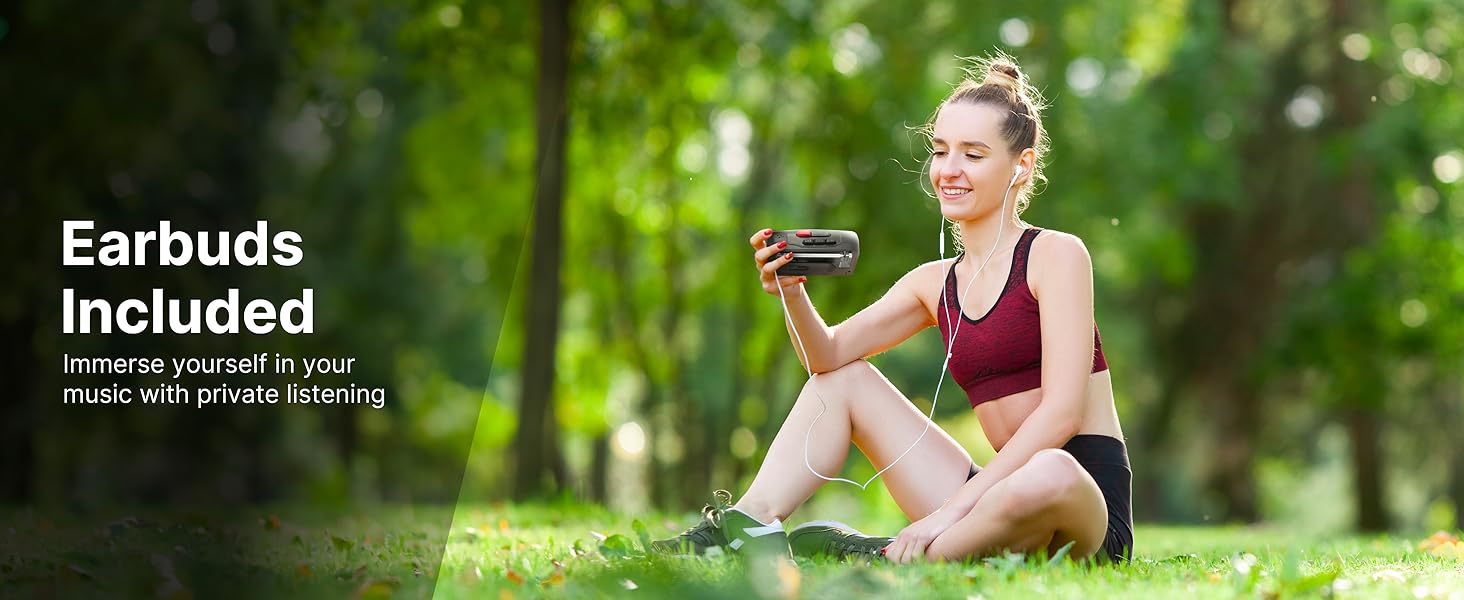 Listen to music radio shows news sports games audio sound from portable cassette player and speaker