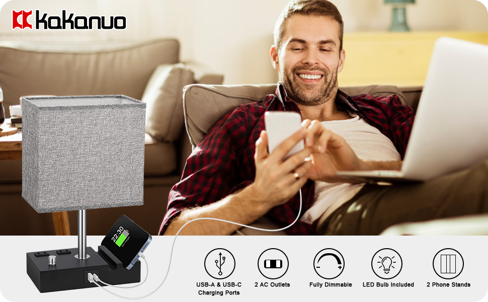 Kakanuo Fully Dimmable Bedside Lamp with Charging Station