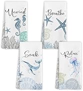 WARDOS Coastal Hand Towels for Bathroom Set of 4, Relax Breathe Soak Unwind Decorative Hand Towel...