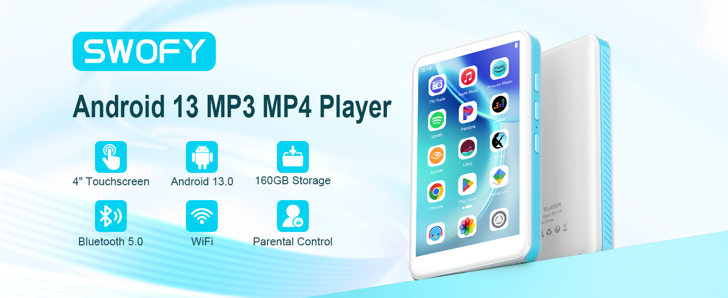 Text reads 'Android 13 MP3 MP4 Player'. Product interface showing mobile app icons and menu screens with blue accent colors and white background.