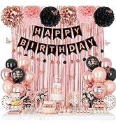 Rose Gold and Black Birthday Decorations for Women Girls, Pearl Rose Gold Black Metallic Printed ...