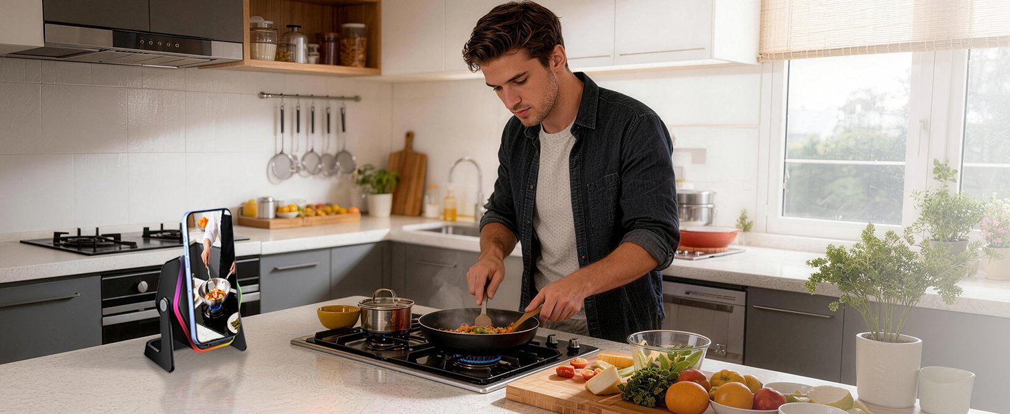 Interior shots of a modern kitchen showing cooking preparation area with induction cooktop and natural lighting through windows.