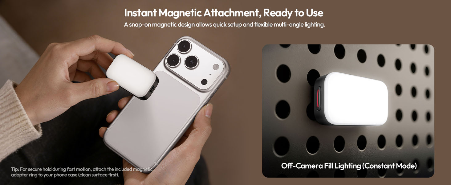 Text reads: 'Instant Magnetic Attachment, Ready to Use' and 'Off-Camera Fill Lighting | Camera Kit'. Split image showing magnetic camera attachment being installed and final mounted position.