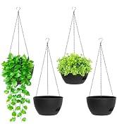 SQKH 8 Inch Hanging Planters for Indoor Outdoor Plants, 4 Pack Black Plastic Self Watering Hangin...