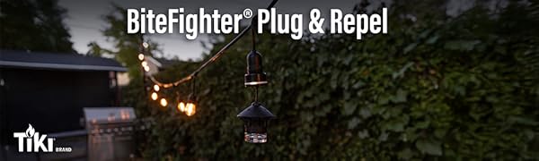 Plug &amp;amp;amp; Repel mosquito repellent pod hanging from outdoor string lights in a backyard at dusk.