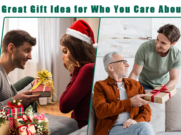 Collage showing people exchanging gifts during holiday season. Images depict various gift-giving scenarios between different age groups in home settings.