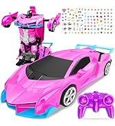 Pink Rc Car, Remote Control Car Toys for Girls Birthday Gifts, 1:18 Transform Robot Toy Car with ...