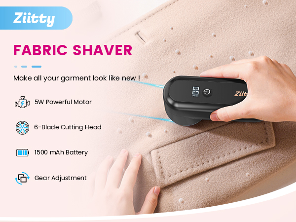 Handheld fabric shaver with 6-blade cutting head, 1800 mAh battery, and 90° PowerBoost Motor, shown removing fuzz from beige fabric.