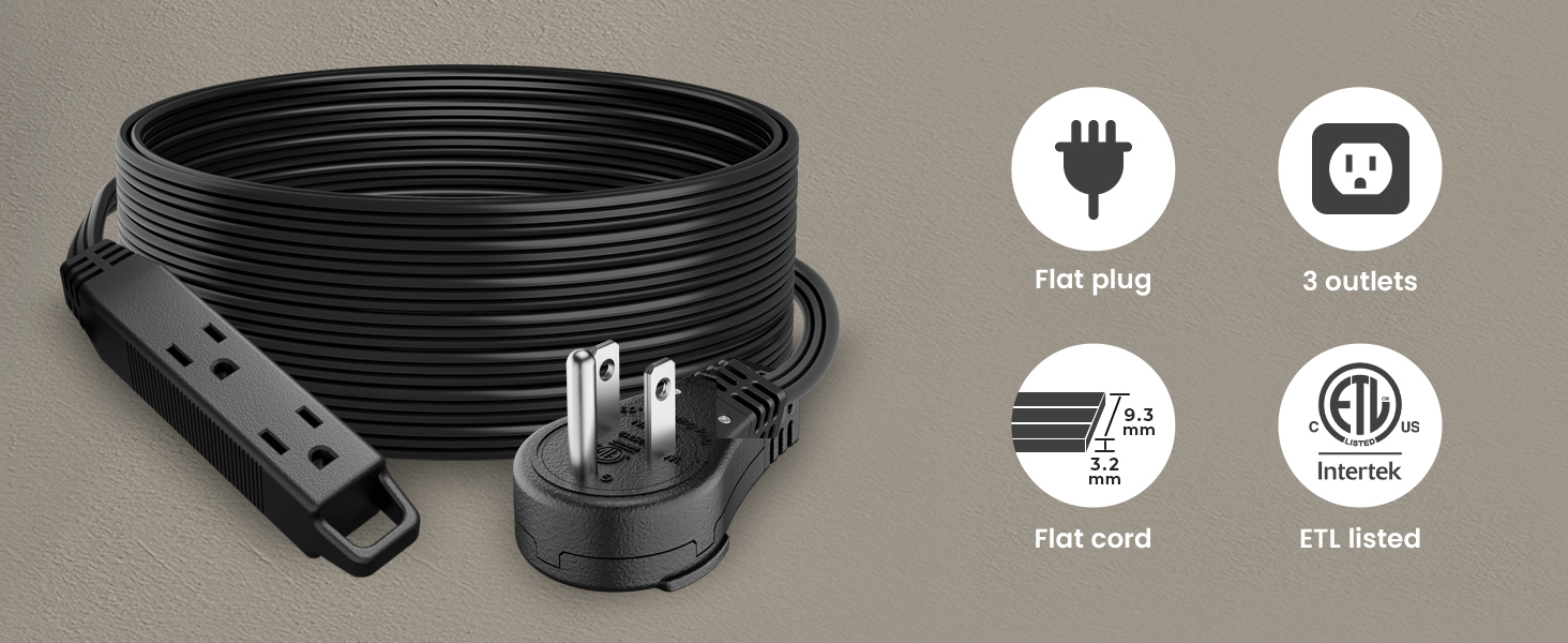 360 degree flat extension cord outlets flat plug etl listed