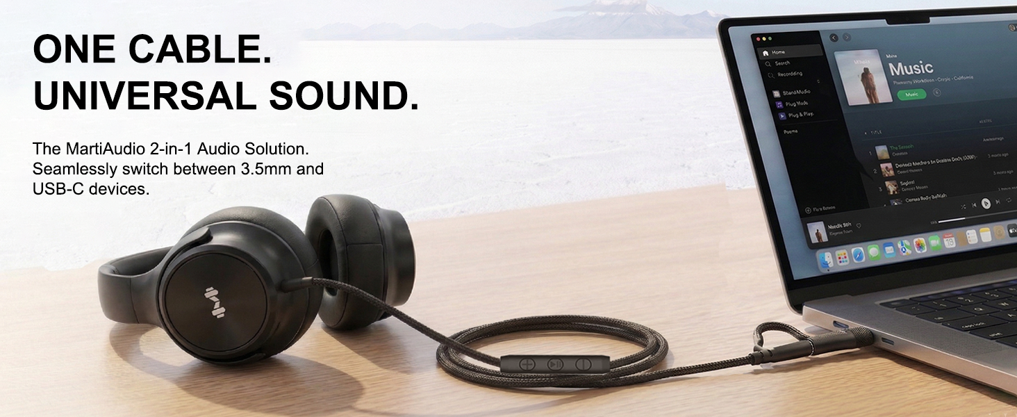 MartiAudio headphones showing universal compatibility with USB-C and 3.5mm audio jacks.