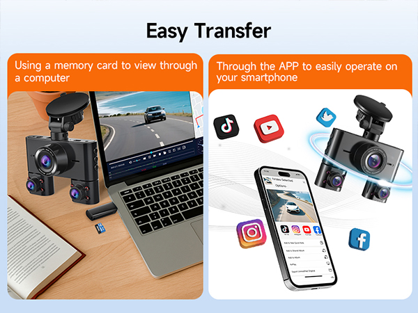 Text reads 'Easy Transfer'. Multiple connected images showing memory card transfer between devices - smartphone, laptop, and camera with social media icons indicating file sharing capabilities.