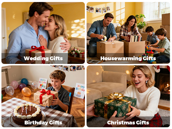 Text reads 'Wedding Gifts', 'Housewarming Gifts', 'Birthday Gifts', 'Christmas Gifts'. Collage of people celebrating and exchanging gifts in various celebratory settings.