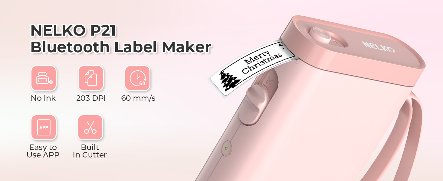 NELKO P21 Bluetooth Label Maker in pale pink. Device shown with sample printed label.
