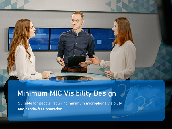 Office setting with presentation screen showing text about minimum microphone visibility design for hands-free operation.