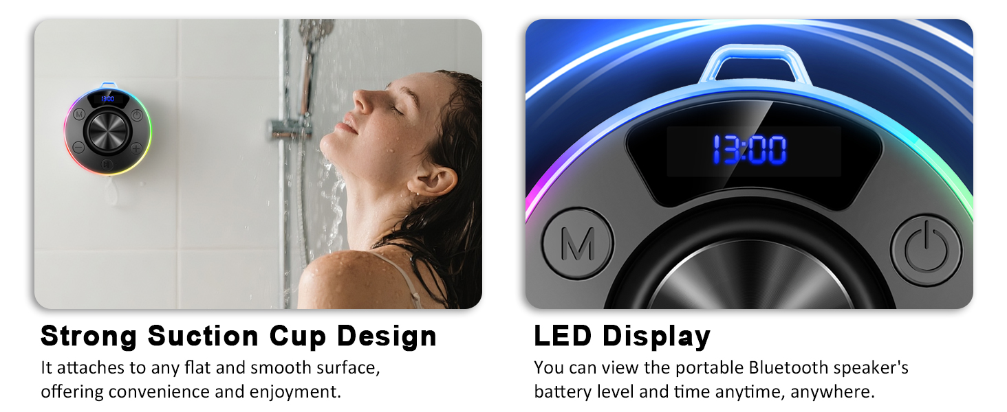 Text reads 'Strong Suction Cup Design' and 'LED Display'. Product images showing a car dashboard device with suction mount and LED screen interface.
