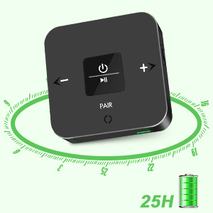 Small black square device with control buttons, surrounded by green circular graphic. Battery icon shows 25H, indicating long battery life.
