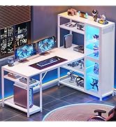 SEDETA Computer Desk with Storage Shelves, 59'' Office Desk with LED Light and Bookshelf, Corner ...