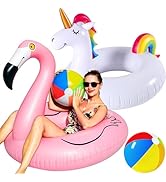 FindUWill 2 Pack Pool Floats with 2Pcs Balls Pool Toys, 57'' Large Unicorn Pool Float 46'' Flamin...