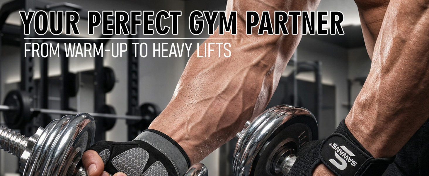 Text reads "YOUR PERFECT GYM PARTNER", "BRING YOUR GYM TO HEAVY LIFTING". Close-up of muscular person's arm gripping black dumbbell weight with dramatic gym equipment background.