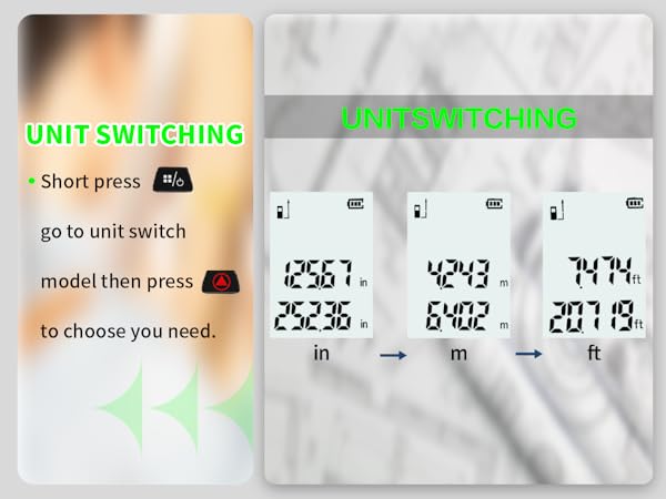 Unit switching; short press to switch units, then press to confirm.