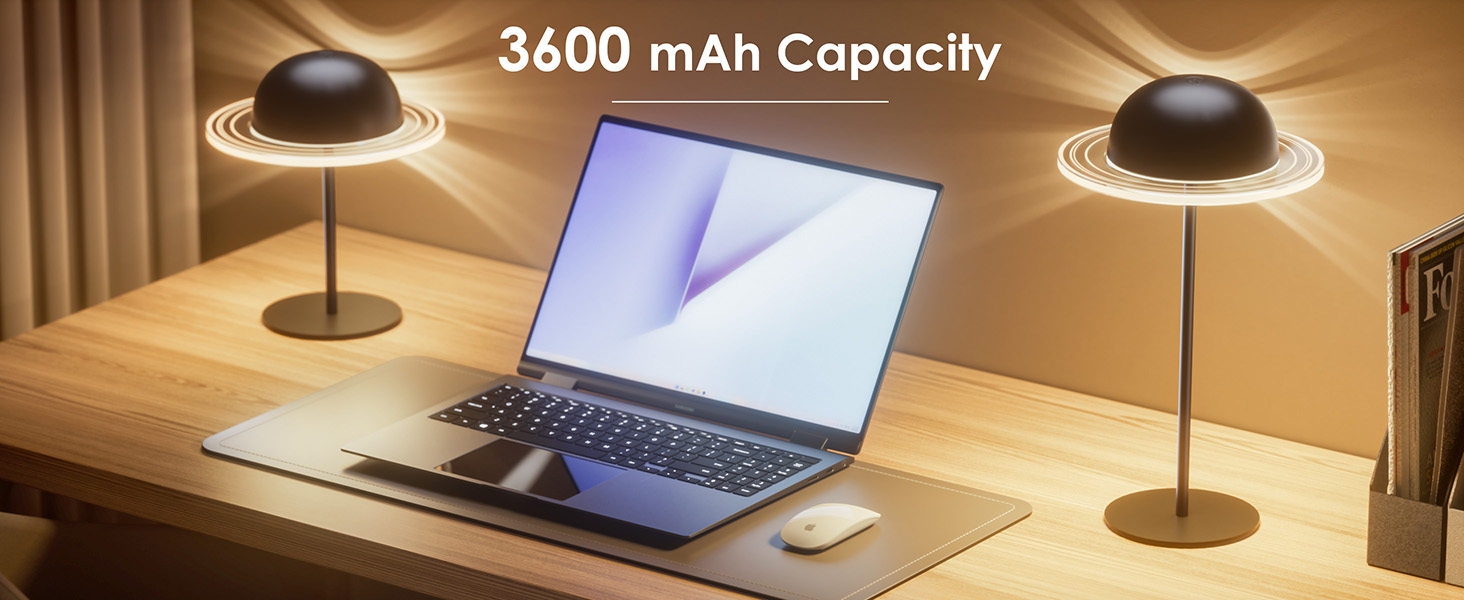 Text reads '3600 mAh Capacity'. Multiple images of desk lamps illuminating workspaces with laptops, demonstrating lighting in different settings.