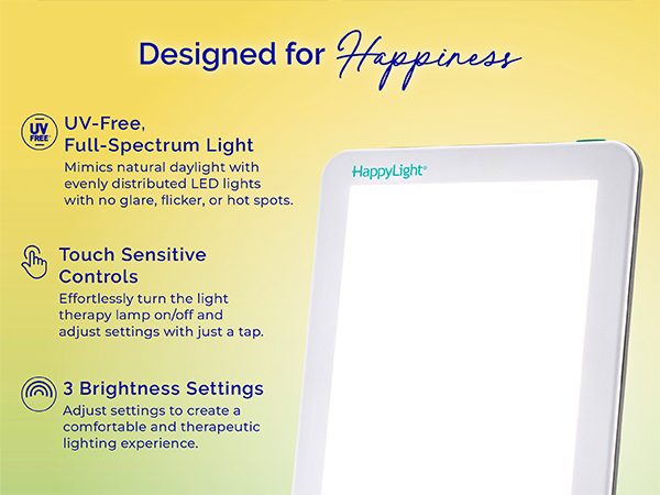 uv-free, light therapy lamp, full spectrum, brightness settings, countdown timer, slim, thin, bright