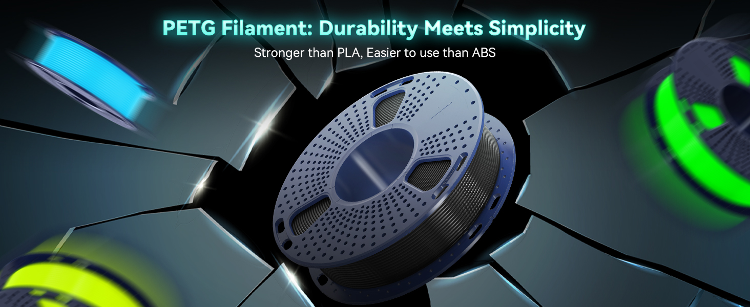 3D printing filament spool showcasing PETG material. Central spool with perforated design, surrounded by glowing elements in blue, green, and yellow. Text highlights strength compared to PLA and ABS.
