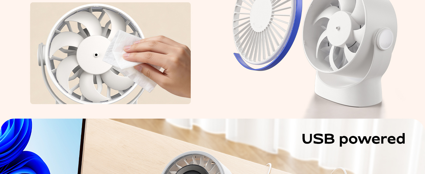 Text reads 'USB powered'. Multiple views of a white circular fan unit, showing internal blade structure and blue accent elements.