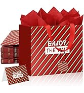 Biotakeware 14 Pack Red and Green Stripe Gift Bags with Handles, 13" Medium Non-Crease Paper Bags...